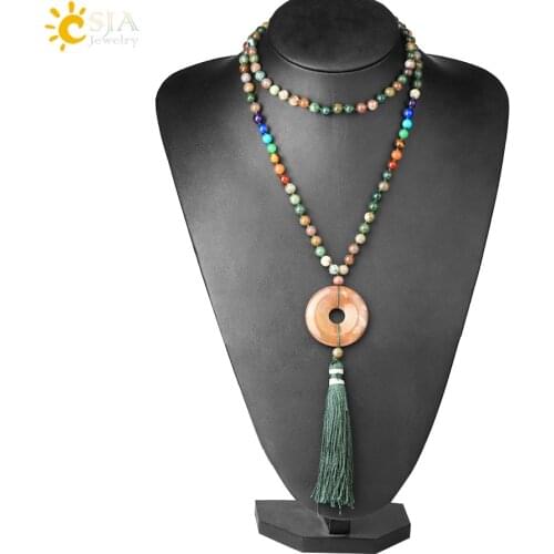 CSJA Reiki Boho Tassel Necklaces Chakra 6mm Natural Gem Stones Yoga Mala Bead Pink Quartz Round Donut Pendant Long Necklace E800