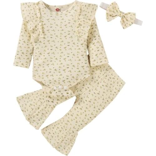 Newborn Floral Outfits Toddler Girl Clothes Romper Flared Pants Bowknot Headband Childrens Clothing Sets