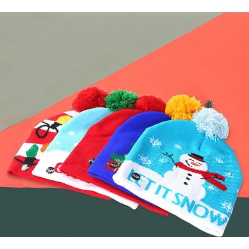 Children Knitted Beanie Hat Adult Winter Warm LED Plush Ball Xmas Hat Creative Christmas Parent-child Festival Party Hat