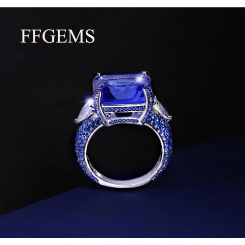 FFGEMS 100% Sterling 925 Silver big rings Aquamarine Blue sapphire Gemstone Fine Jewelry for Women Wedding Party Gift 2020 box