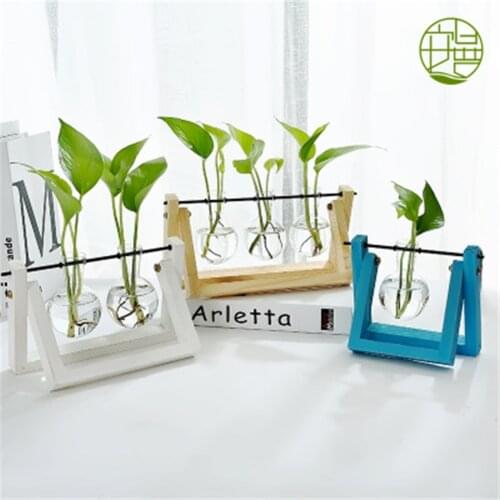 Hydroponic Plant Vases Transparent Hanging Plants Glass Vase with Retro Solid Wood Frame Flower Pot Home Tabletop Bonsai Decor
