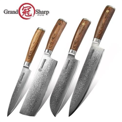 Grandsharp 4 Pcs Damascus Knife Set 67 Layers vg10 Japanese Damascus Steel Chef Santoku Nakiri Utility Damascus Kitchen Knives