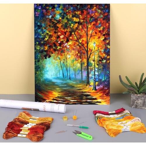 Fog Autumn Alley Printed Canvas 11CT Cross-Stitch Kit DIY Embroidery DMC Threads Knitting Painting Handiwork Hobby Wholesale