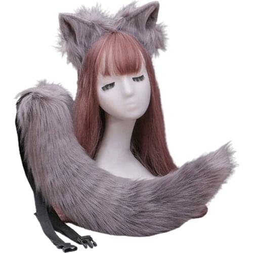 Simulation Plush Cat Ears Headband with Solid Color Bendable Furry Animal Long Tail Set Kawaii Anime Cosplay Costume
