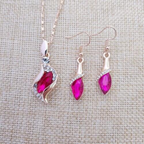 925 sterling silver gold necklace earrings gift, wedding jewelry set womens Fine jewelry Austria crystal gold red pendant