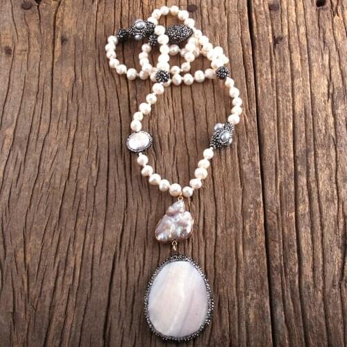 RH Fashion Boho Jewelry Pearl Beads Knotted Handmake Paved Freshwater Pendant Necklaces Women Bohemia Necklace Gift Dropship