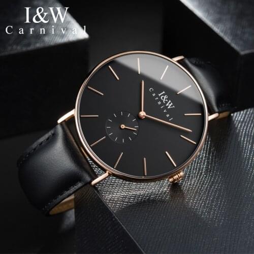Relogio masculino CARNIVAL Fashion simple ultrathin Quartz Watch Men Leather Small second dial Swiss movement Sapphire Watches
