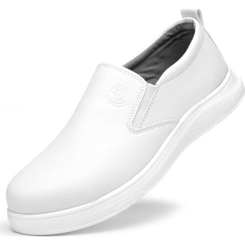 Men casual breathable steel toe covers work safety shoes slip-on soft leather security shoe black white soft leather safe boots