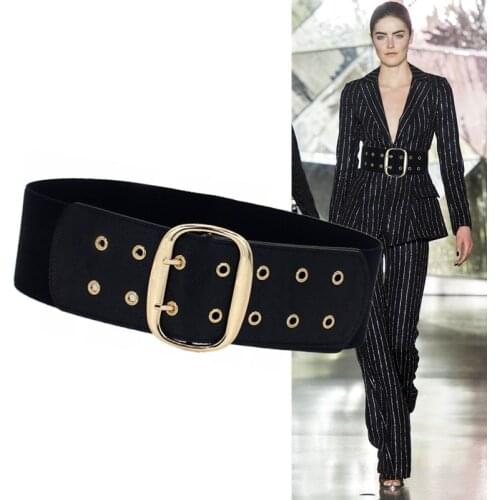 NEW Double Gold Pin Buckle Belts Woman Coat Super Wide Elastic Waistbands Dress Faux Leather Stretch Cummerbund Black Girl Gifts