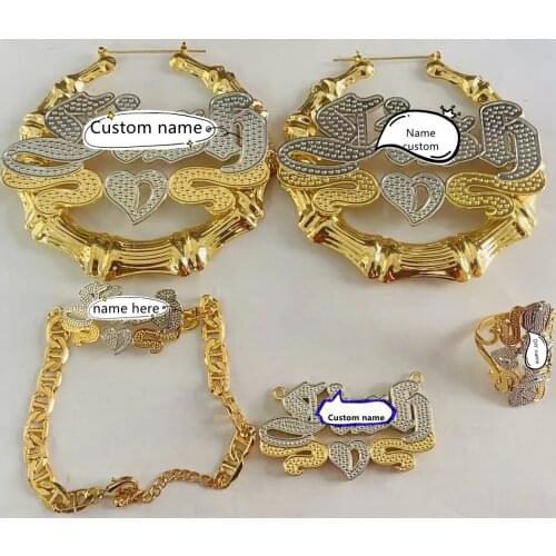 Personalized Bamboo Earrings Custom Sets Name Hoops Earrings Necklace Bracelet Hoop Chunky Bamboo Earring Custom Jewelry Set