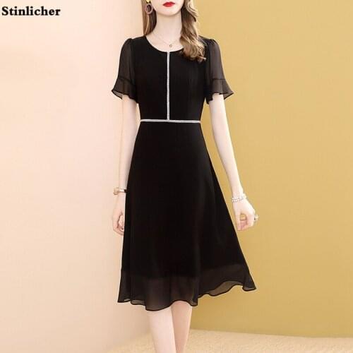 Summer dress women elegant office ladies work striped chiffon dress fashion puff sleeve black long beach A line midi dress robe