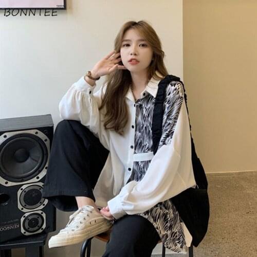Long Sleeve Shirts Women Fashion Streetwear All-match Patchwork Summer Vintage Korean Style Turn-down Collar Panelled Female Top
