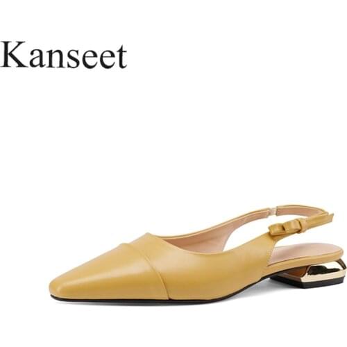 Kanseet Summer Women Sandals Square Toe Genuine Leather Fashion Design Dress Sandals Butterfly-Knot Low Heels Shoes Plus Size 43