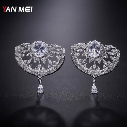 YANMEI Fan Crystal Stud Earrings For Women Half Circle Full Rhinestone Earring Fashion Jewelry YME8098