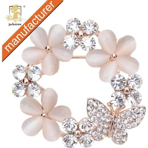 Bueaty fashion handmade opal flower jewelry pin hijab pins and brooches rhinestone butterfly wholesale for women