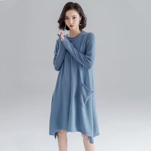 2020 new Women Autumn Winter O-neck long Dresses Long Sleeve Lady solid knitted pullover loose long sweater Dress