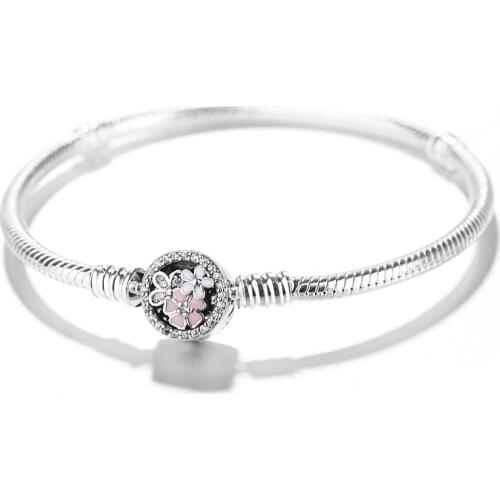 Flower Clip S925 Silver Bracelet Snake Chain Bangle For European Sterling Silver Charms Beads Women Lady Jewelry Valentine Gift