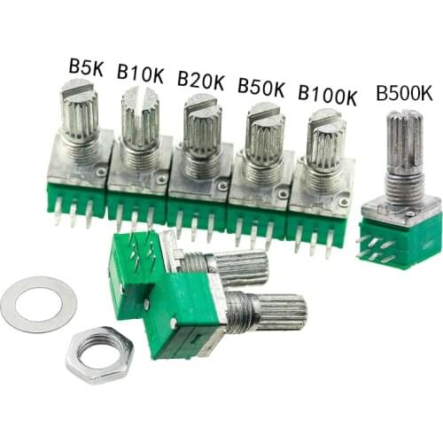 10pcs/lot RK097G duplex potentiometer B1K 5K 10K 20K 50K 100K 500K 6pin Shaft 15mm audio Amplifier Sealing rotary Potentiometer