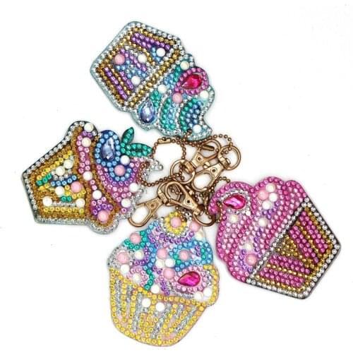 4Pcs DIY Keychain Diamond Painting Cupcake Ice Cream Key Ring Pendant Gift Diamond Embroidery Cross Stitch Needlework Craft