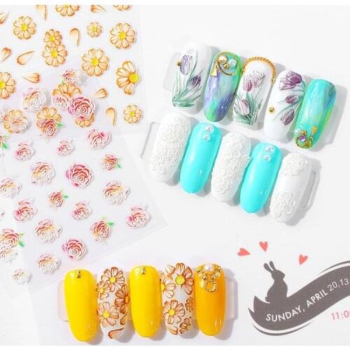 60set/lot Mix Styles Eco-Friendly Material Nail Stickers 5D 6.4x8.2cm Flower Embossment Nail Art Supplies HA1829