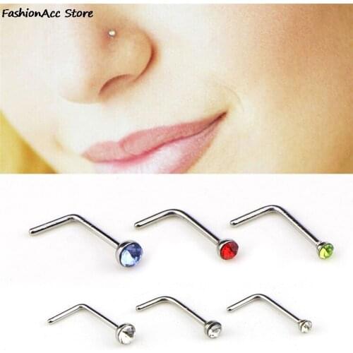 60pcs/set Charm Stainless Steel CZ Crystal L Shape Nose Ring Body Piercing Stud Bar Length 0.6mm/0.23in