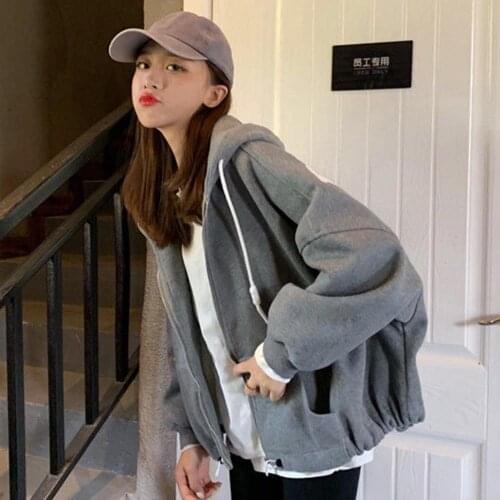 70% Dropshipping!!Autumn Womens Jacket Long Batwing Sleeves Letter Print Plush Hoodie Zipper Loose Jacket