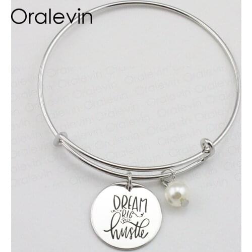 DREAM BIG AND HUSTLE Inspirational Hand Stamped Engraved Custom Pendant Expandable Bangle Bracelet Jewelry,10Pcs/Lot,#LN1863B
