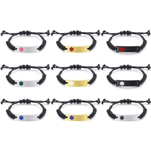 Free Engraving Medical Alert ID Bracelets for Women Man Unisex Size Adjustable Cord Rope Nameplate Jewelry