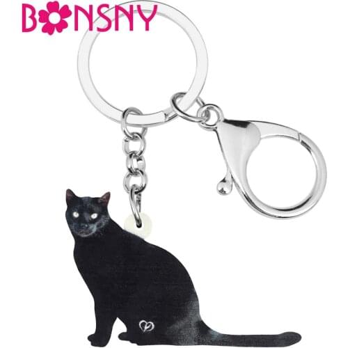 Bonsny Acrylic Black Bombay Cat Kitten Keychains Key Ring Animal Jewelry Gift For Women Handbag Purse Charm Accessory Decoration