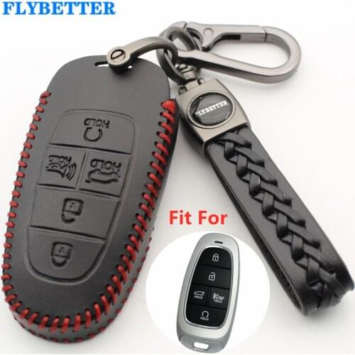 FLYBETTER Genuine Leather 5Button Keyless Entry Smart Key Case Cover For Hyundai Sonata/DN8 L617