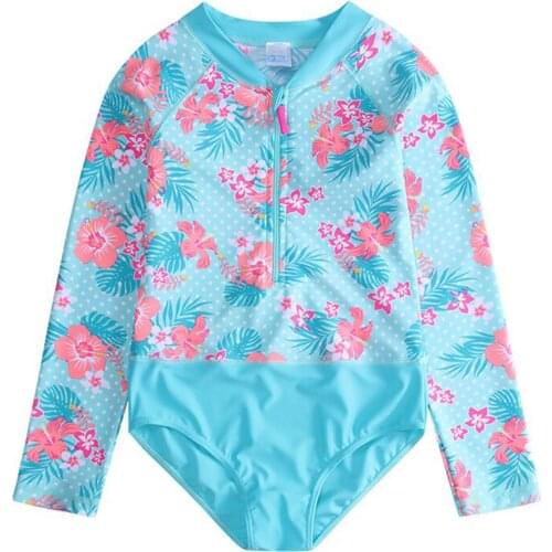 Girls swimsuits 2-8 Years Old Childrens beach one-piece long-sleeved swimsuit fresh sea blue flowers Kids Swimwear Swimming