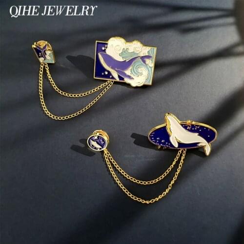 Whale Enamel Pin With Star Moon Boat Double Chain Tassel Brooches Japanese Crane N Sun Brooches Sea Ocean Fish Jewelry Men Women