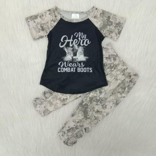 2PCS Infant Toddler Princess Girls Clothing Sets combat boots design Printed Short Sleeve Stripe Pants Boutique kids Outfits