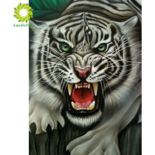 LaoJieYuan Diamond Painting Animal White Tiger Full Square/Round Drill Wall Decor Resin Embroidery Craft Cross stitch