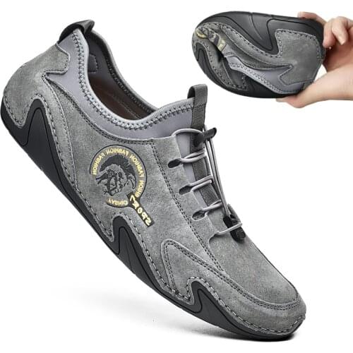 Mens Shoes Pig Suede Leather Men Loafers Outdoor Casual Shoes Soft Bottom Driving Shoes Mens Flats Breathable Footwear 38-46