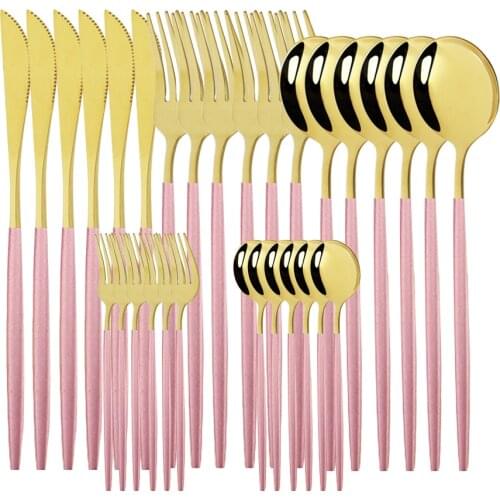 Cute Pink Gold Dinnerware Set Stainless Steel Tableware Cutlery Set Tableware Dinner Knife Ckae Fork Tea Spoon Flatware Set
