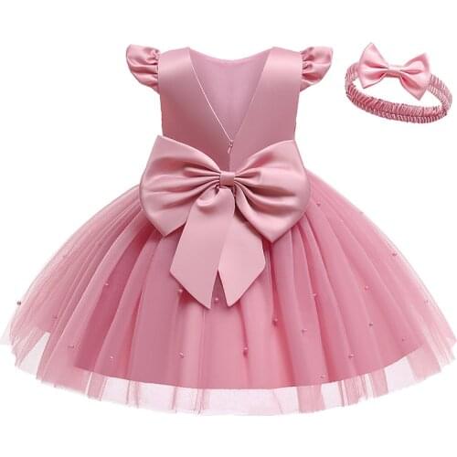 2021 New Pink Newborn Dress Baptism Big Bow First Birthday Dress For Baby Girl Clothes Princess Dress Party And Wedding Dresses
