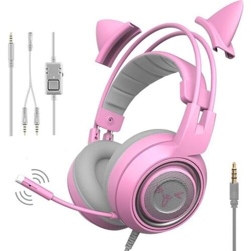 SOMIC Wired Headset Gamer Pink Cat Ear Headset Stereo With Microphone 3.5mm for PS4 Phone PC Overear Gamer G951S G952