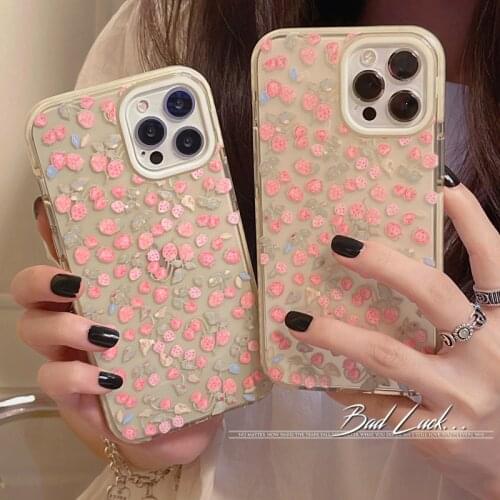 Cute Strawberry Floral Phone Case for Iphone 11 12 Pro Max X XS Max XR 8 7 Plus Se 2020 Transparent Clear Soft TPU Cover