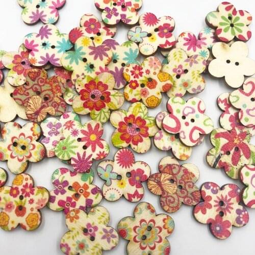 50pcs Mixed Flower Pattern Painting Wood Sewing Buttons 25mm WB745