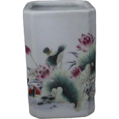 Early collection of Qing Dynasty Guangxu powder lotus mandarin duck flower bird square penholder antique porcelain ornaments