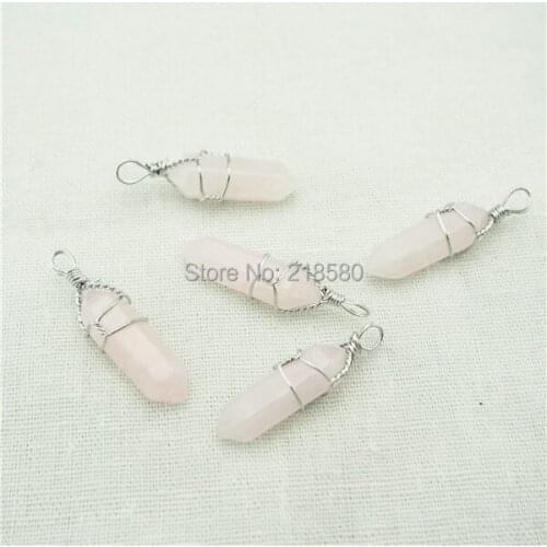 SP-041 Wire Wrapped Rose Pink Quartz Point Pendant Silver