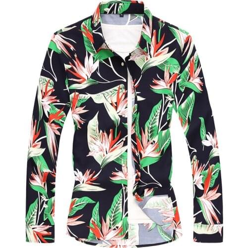 Oversized 7XL 6XL 5XL Autumn New Flower Element Trend Mens Shirts Turn-down Collar Single Breasted Dress Up Top Clothing Blue