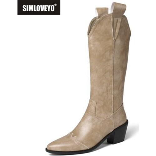 SIMLOVEYO Vintage Square High Heel Wide Leg Knee High Boots Women Shoes Pointed Toe Western Style Zipper Big Size 34-46 S2351