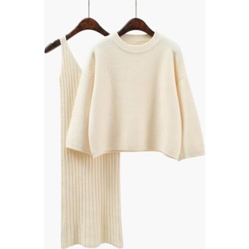 Korean Loose Medium Sleeve Sweater Women Fashion Two Piece Set Autumn And Winter New Solid Color Knitting Pullover