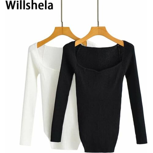 Willshela Women Fashion Knit Sweater Long sleeves heart-neck Casual Woman Elastic Slim-fit Tight Knitted sweaters Pullover Tops