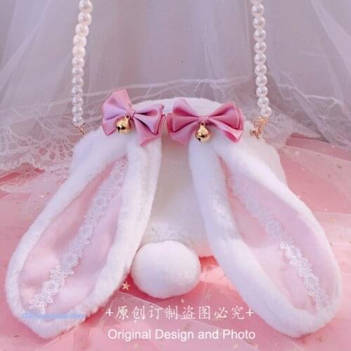 Japanese Original Young Girl Cute Lace Bowknot Bells Plush Rabbit Ears Bag Lolita Soft Sister Wild Messenger Bag Shoulder Bags