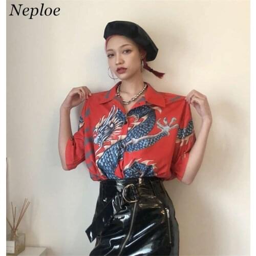 Neploe Harajuku New Summer Blouse 3D Dragon Print Shirt 2020 Short Sleeve Turn-down Collar Tops Woman Man Causal Blouses 35272