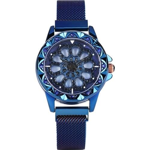 Women Watch Elegant Revolvable Dial Quartz Watch Magnet Buckle With Stainless Steel Mesh Strap Luxury Diamond-encrusted Watch