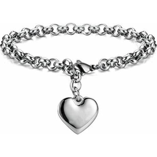 Womens Fashion Bracelet Stainless Steel Round Chain Rolo Link Heart Charm Girls Bracelets
